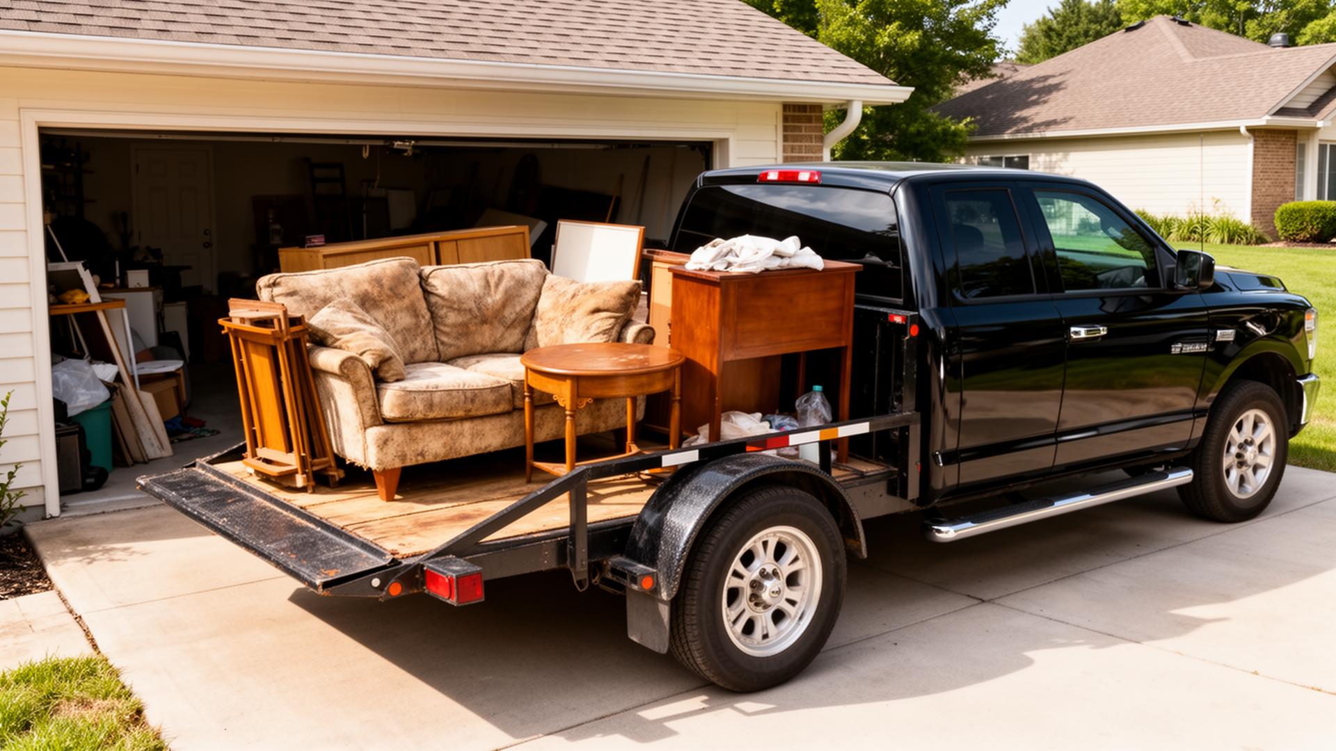 Steel Grip trailer being loaded with furniture and junk in a Naperville driveway